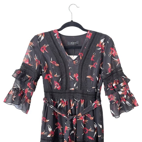 O.P.T Size M Floral Tiered Midi Dress Ruffle Sleeves Crochet Lace Flowy Formal - Picture 2 of 10